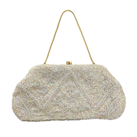 Vintage 50s Beaded Pearl Sequin Evening Bag Ivory Hoco Prom Flapper Clutch MCM - Picture 1 of 13